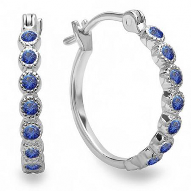 0.25 Carat (ctw) 10K White Gold Round Blue Sapphire Ladies Fine Dainty Hoop Earrings 1/4 CT