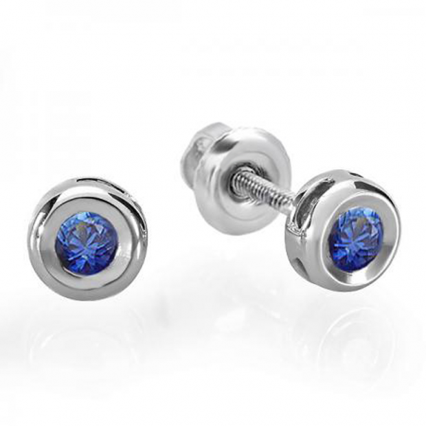 0.15 Carat (ctw) 10K White Gold Round Cut Blue Sapphire Bezel Stud Earrings