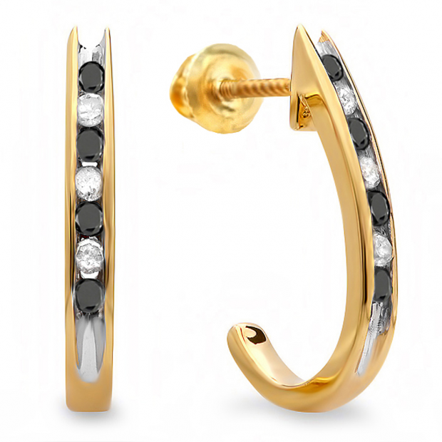0.25 Carat (ctw) 10K Yellow Gold Round Black & White Diamond Ladies Fancy J Shaped Hoop Earrings 1/4 CT