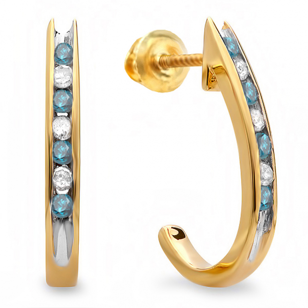 0.25 Carat (ctw) 10K Yellow Gold Round Blue & White Diamond Ladies Fancy J Shaped Hoop Earrings 1/4 CT
