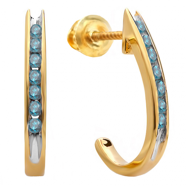 0.25 Carat (ctw) 10K Yellow Gold Round Blue Diamond Ladies Fancy J Shaped Hoop Earrings 1/4 CT