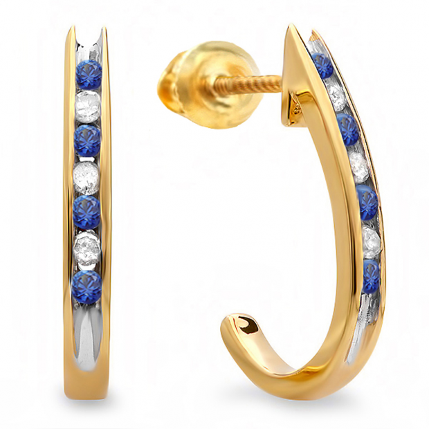 0.25 Carat (ctw) 10K Yellow Gold Round Blue Sapphire & White Diamond Ladies Fancy J Shaped Hoop Earrings 1/4 CT
