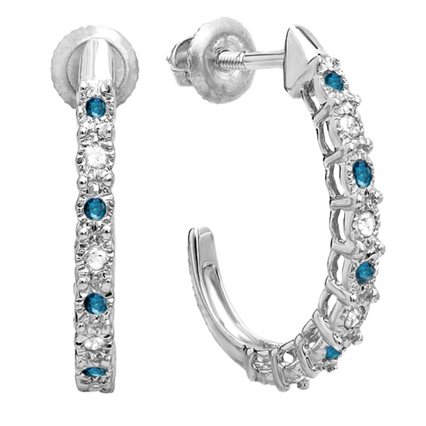 0.25 Carat (ctw) Sterling Silver Round Blue & White Diamond Ladies Hoop Earrings 1/4 CT
