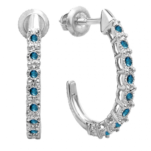 0.25 Carat (ctw) Sterling Silver Round Blue Diamond Ladies Hoop Earrings 1/4 CT