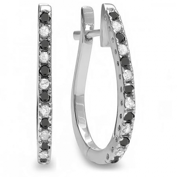 0.25 Carat (ctw) 14K White Gold Round Black & White Diamond Ladies Hoop Earrings 1/4 CT