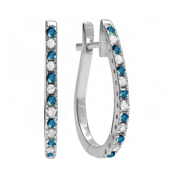 0.25 Carat (ctw) 14K White Gold Round Blue & White Diamond Ladies Hoop Earrings 1/4 CT