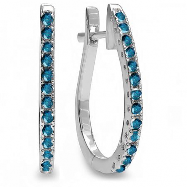 0.25 Carat (ctw) 14K White Gold Round Blue Diamond Ladies Hoop Earrings 1/4 CT