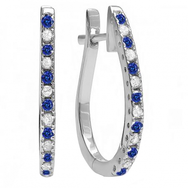 0.25 Carat (ctw) 14K White Gold Round Blue Sapphire & White Diamond Ladies Hoop Earrings 1/4 CT
