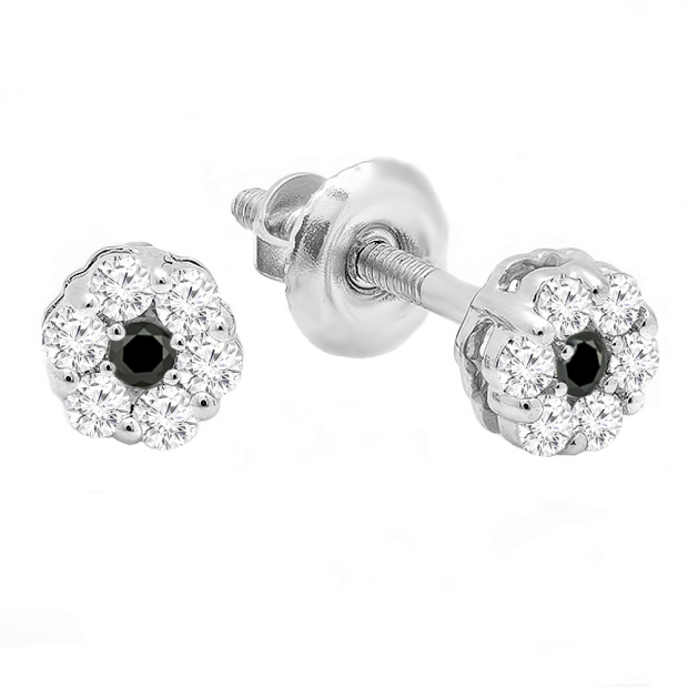 0.20 Carat (ctw) 10k White Gold Round Black & White Diamond Ladies Cluster Flower Earrings 1/5 CT