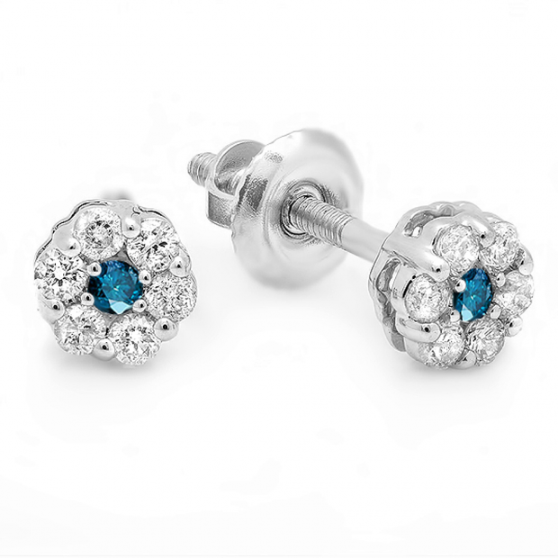 0.20 Carat (ctw) 14k White Gold Round White & Blue Diamond Ladies Cluster Flower Earrings 1/5 CT