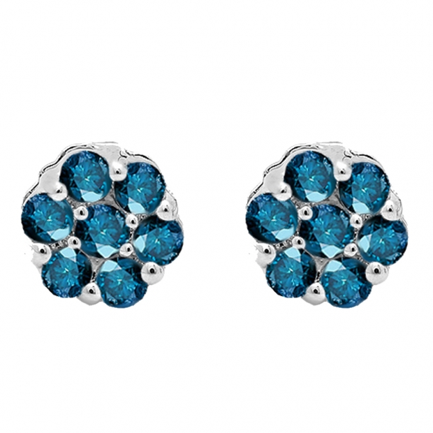 0.20 Carat (ctw) 14k White Gold Round Blue Diamond Ladies Cluster Flower Earrings 1/5 CT