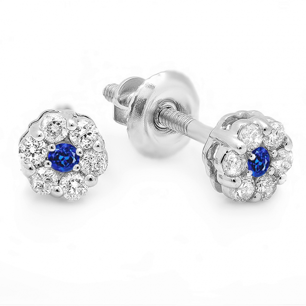0.20 Carat (ctw) 14k White Gold Round White Diamond & Blue Sapphire Ladies Cluster Flower Earrings 1/5 CT