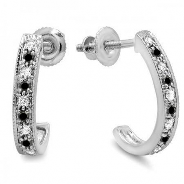 0.20 Carat (ctw) 10K White Gold Round White And Black Diamond Ladies Hoop Earrings