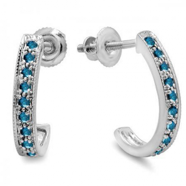 0.20 Carat (ctw) 10K White Gold Round Blue Diamond Ladies Hoop Earrings