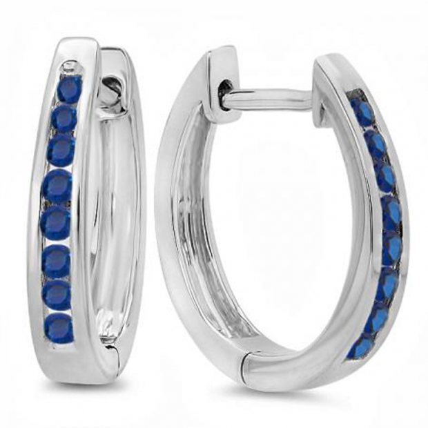 0.20 Carat (ctw) 10K White Gold Round Blue Sapphire Ladies Hoop Earrings 1/5 CT