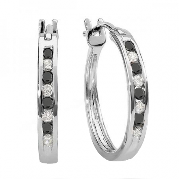 0.20 Carat (ctw) 10K White Gold Round White And Black Diamond Ladies Fine Hoop Earrings 1/5 CT