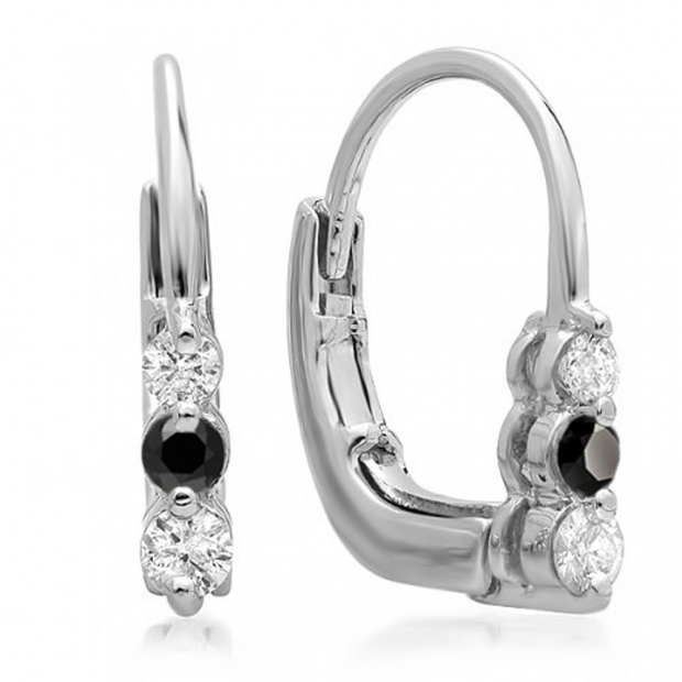 0.25 Carat (ctw) 10K White Gold Round Black and White Diamond Ladies 3 Stone Hoop Earrings 1/4 CT