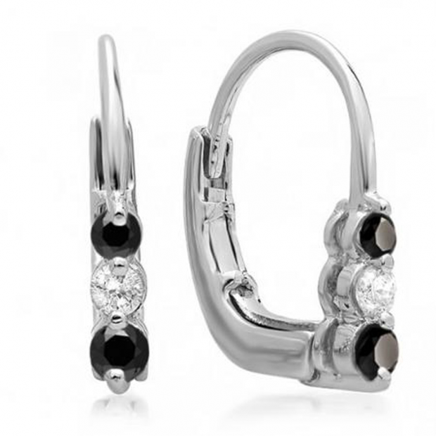 0.25 Carat (ctw) 10K White Gold Round Black and White Diamond Ladies 3 Stone Hoop Earrings 1/4 CT
