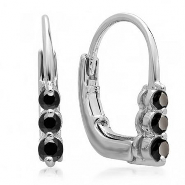 0.25 Carat (ctw) 10K White Gold Round Black Diamond Ladies 3 Stone Hoop Earrings 1/4 CT