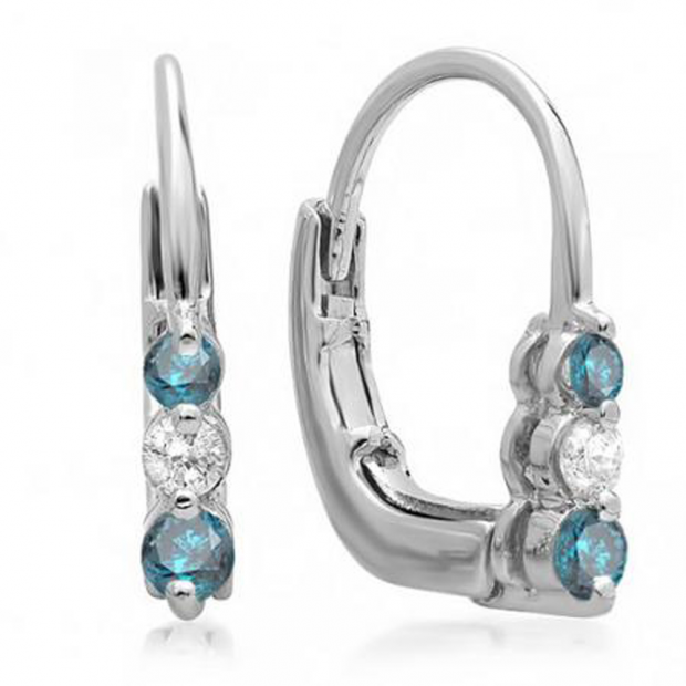0.25 Carat (ctw) 10K White Gold Round Blue and White Diamond Ladies 3 Stone Hoop Earrings 1/4 CT