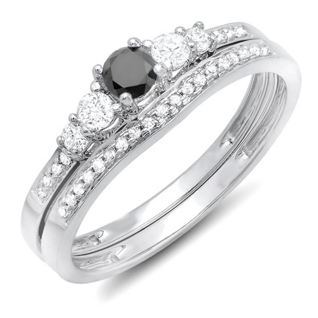 0.45 Carat (ctw) 10k White Gold Round Black And White Diamond Ladies 5 Stone Bridal Engagement Ring Matching Band Set