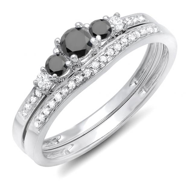 0.45 Carat (ctw) 10k White Gold Round Black And White Diamond Ladies 5 Stone Bridal Engagement Ring Matching Band Set