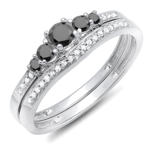 0.45 Carat (ctw) 18k White Gold Round Black And White Diamond Ladies 5 Stone Bridal Engagement Ring Matching Band Set