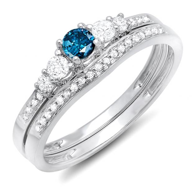 0.45 Carat (ctw) 14k White Gold Round Blue And White Diamond Ladies 5 Stone Bridal Engagement Ring Matching Band Set