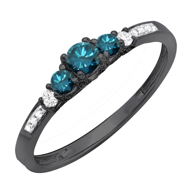 Black Rhodium Plated 10k White Gold Round Blue And White Diamond Ladies Wedding Band