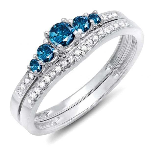 0.45 Carat (ctw) 14k White Gold Round Blue And White Diamond Ladies 5 Stone Bridal Engagement Ring Matching Band Set
