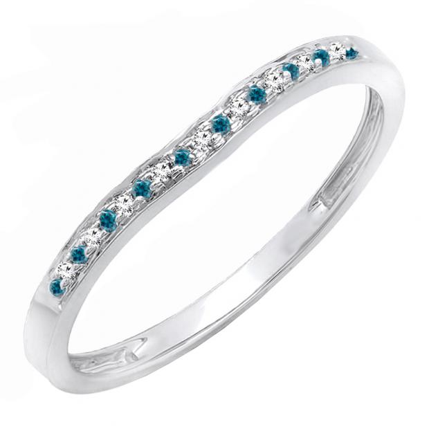 0.10 Carat (ctw) 14K White Gold Round Blue & White Diamond Ladies Anniversary Wedding Matching Band Stackable Ring 1/10 CT