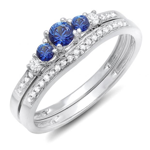 0.45 Carat (ctw) 10k White Gold Round Blue Sapphire And White Diamond Ladies 5 Stone Bridal Engagement Ring Matching Band Set