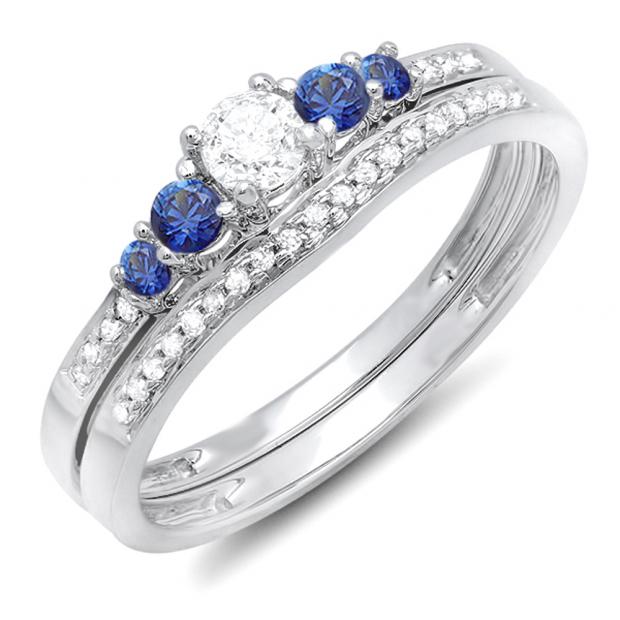 0.45 Carat (ctw) 14k White Gold Round Blue Sapphire And White Diamond Ladies 5 Stone Bridal Engagement Ring Matching Band Set
