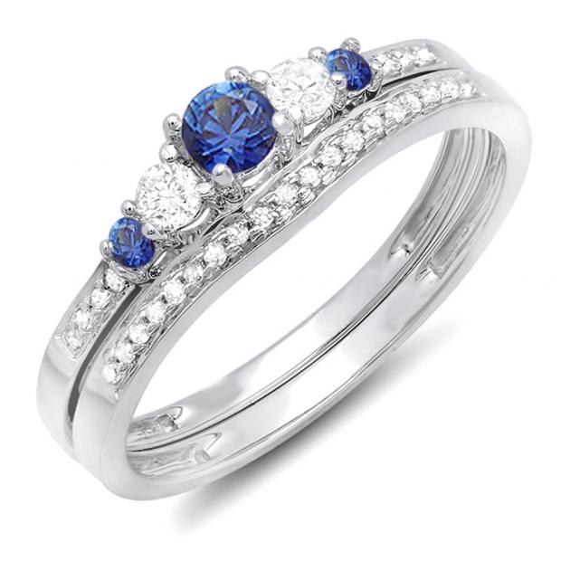 0.45 Carat (ctw) 14k White Gold Round Blue Sapphire And White Diamond Ladies 5 Stone Bridal Engagement Ring Matching Band Set