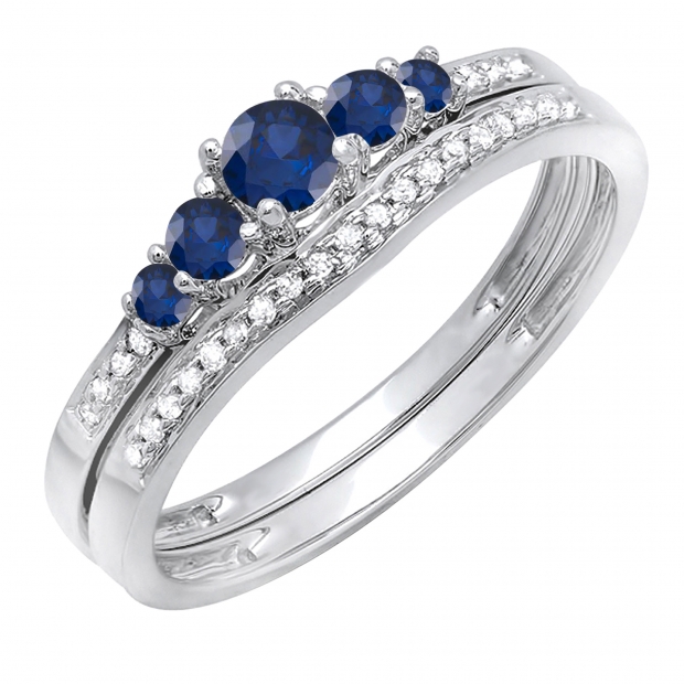 0.45 Carat (ctw) 14k White Gold Round Blue Sapphire And White Diamond Ladies 5 Stone Bridal Engagement Ring Matching Band Set