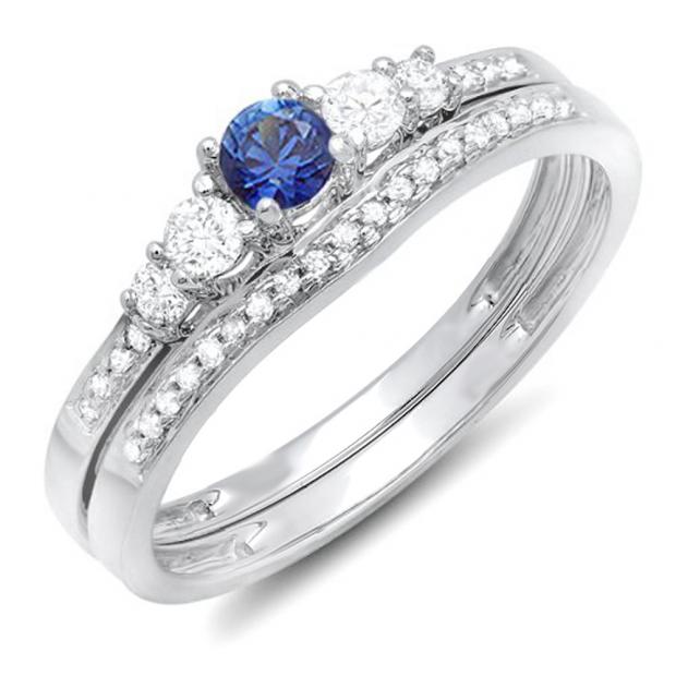 0.45 Carat (ctw) 14k White Gold Round Blue Sapphire And White Diamond Ladies 5 Stone Bridal Engagement Ring Matching Band Set