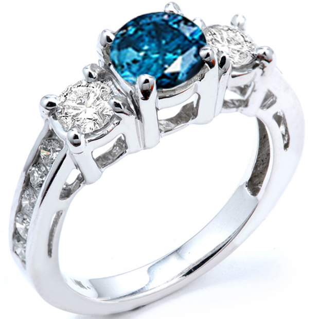 2.55 Carat (ctw) 14k White Gold Round Blue And White Diamond Ladies Bridal Engagement Ring