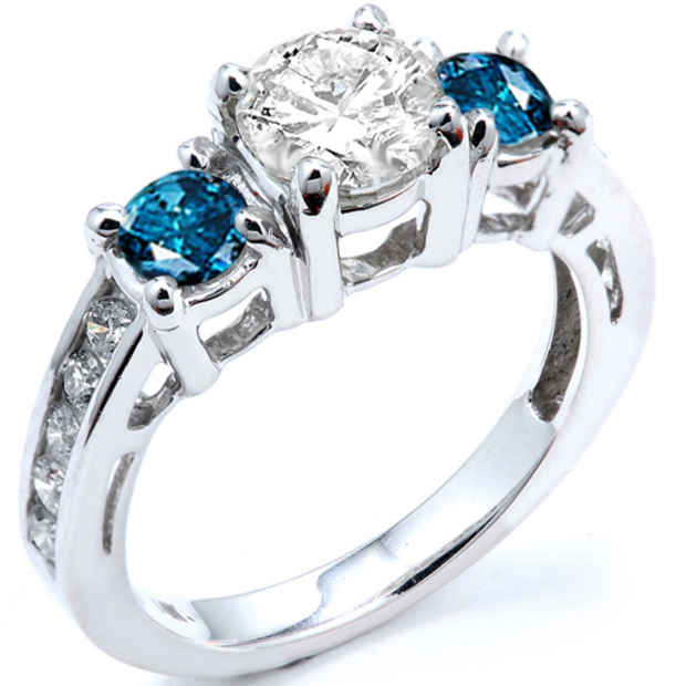 2.55 Carat (ctw) 14k White Gold Round Blue And White Diamond Ladies Bridal Engagement Ring