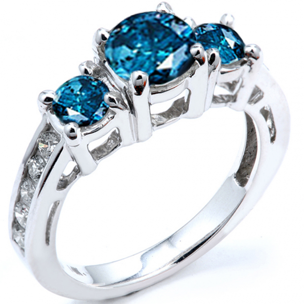 1.85 Carat (ctw) 14k White Gold Round Blue And White Diamond Ladies Bridal Engagement Ring
