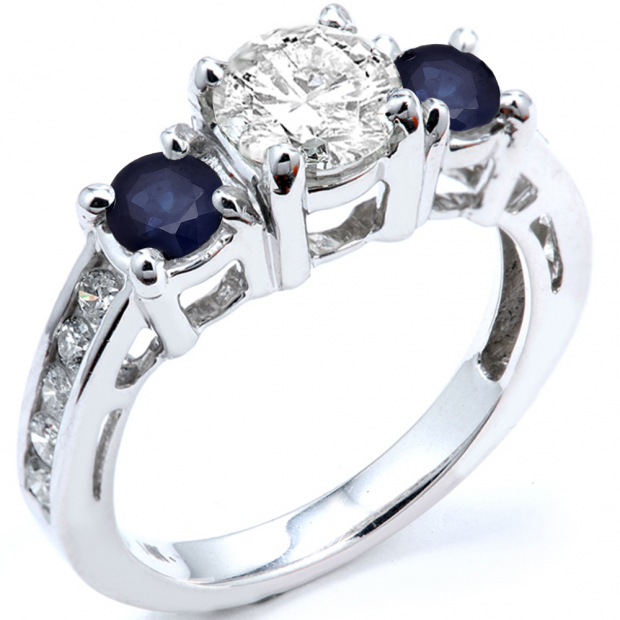 2.55 Carat (ctw) 14k White Gold Round Blue Sapphire And White Diamond Ladies Bridal Engagement Ring