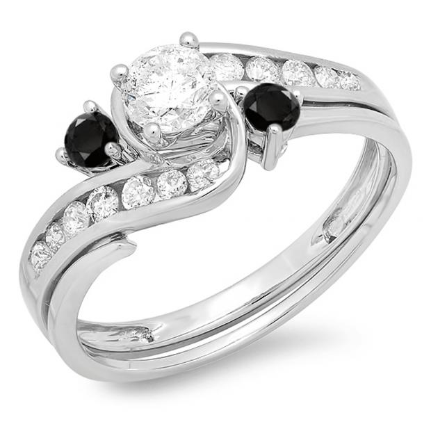 0.90 Carat (ctw) 10k White Gold Round Black And White Diamond Ladies Swirl Bridal Engagement Ring Matching Band Set