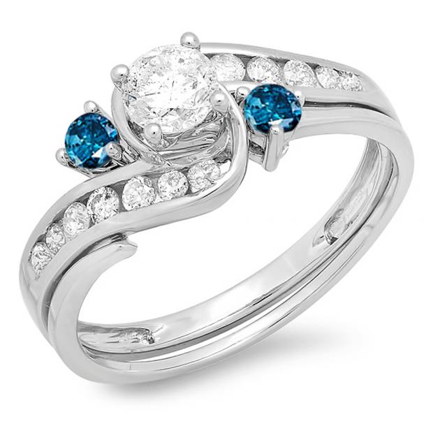 0.90 Carat (ctw) 10k White Gold Round Blue And White Diamond Ladies Swirl Bridal Engagement Ring Matching Band Set