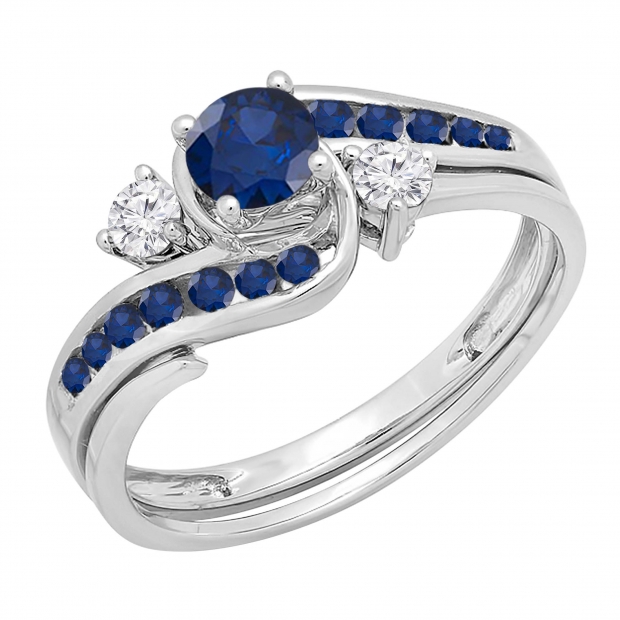 0.90 Carat (ctw) 14k White Gold Round Blue Sapphire And White Diamond Ladies Swirl Bridal Engagement Ring Matching Band Set