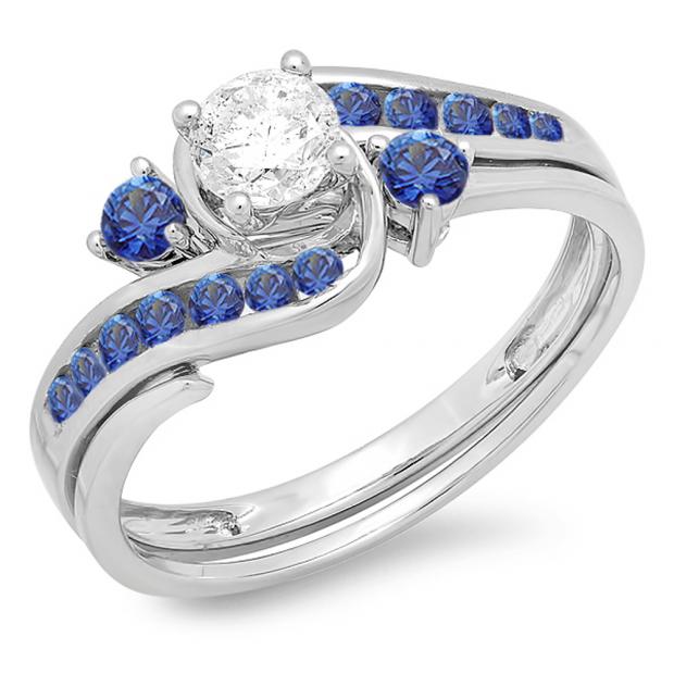 0.90 Carat (ctw) 10k White Gold Round Blue Sapphire And White Diamond Ladies Swirl Bridal Engagement Ring Matching Band Set