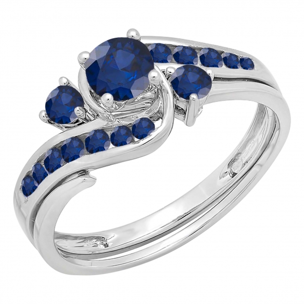0.90 Carat (ctw) 10k White Gold Round Blue Sapphire Ladies Swirl Bridal Engagement Ring Matching Band Set