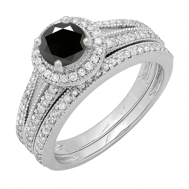 1.25 Carat (ctw) 14k White Gold Round White And Black Diamond Ladies Split Shank Halo Style Bridal Engagement Ring Set With Matching Band 1 1/4 CT