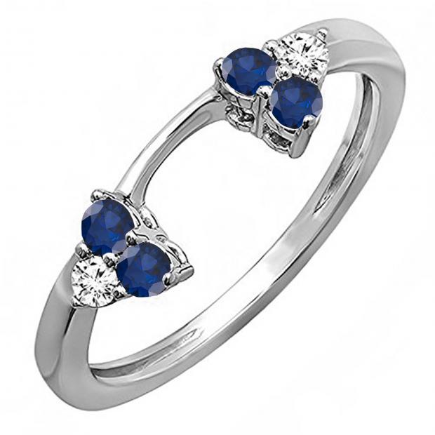 Round Blue Sapphire & White Diamond Anniversary Wedding Ring Matching Guard Band for Women (White Diamond 0.10 ctw Color I-J Clarity I2-I3) in 10K White Gold