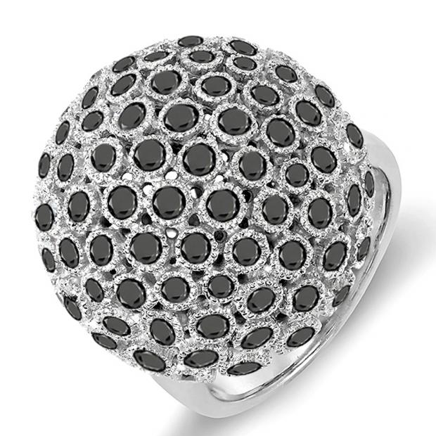 3.25 Carat (ctw) 14k White Gold Round Black Diamonds Ladies Cocktail Fireball Right Hand Ring