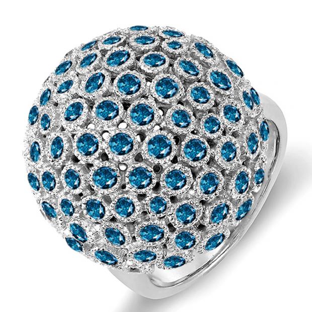 3.25 Carat (ctw) 14k White Gold Round Blue Diamonds Ladies Cocktail Fireball Right Hand Ring