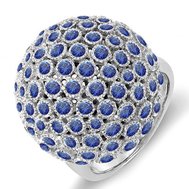 3.25 Carat (ctw) 14k White Gold Round Blue Sapphire Ladies Cocktail Fireball Right Hand Ring